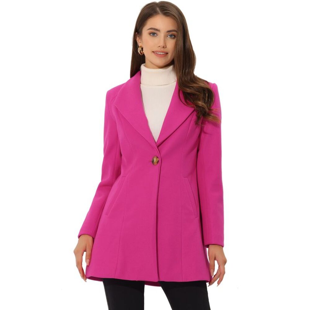 Lapel Collar Buttoned Outwear Work Winter Coat Hot Pink